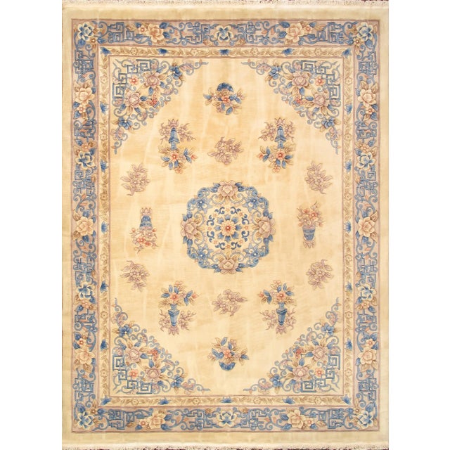 2020s Pasargad Home Art Deco Ivory/Blue Wool Area Rug- 8'10" X 11'10" For Sale In New York - Image 6 of 6
