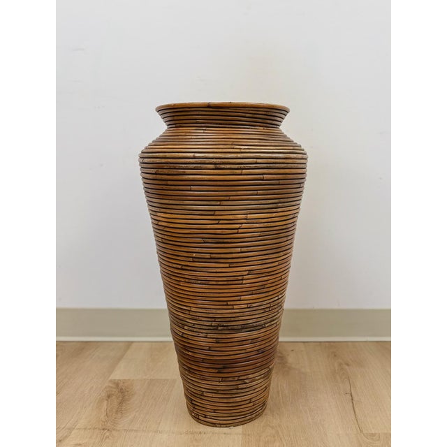 Mid-Century Modern Pencil Reed Rattan Gabriella Crespi Style Tall Vase Vintage Coastal Boho MCM For Sale - Image 3 of 7
