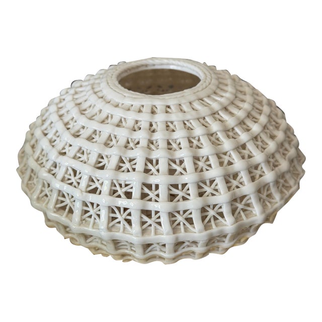 Vintage Handmade Chinoiserie Reticulated Woven Wicker Lattice Porcelain Basket Vase Sculpture For Sale