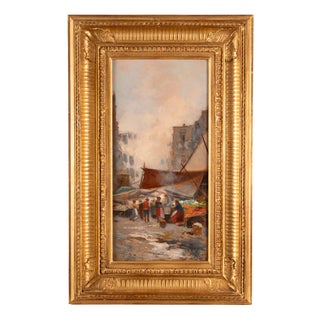Oscar Ricciardi, Bustling Street Market Scene, Oil on Panel For Sale