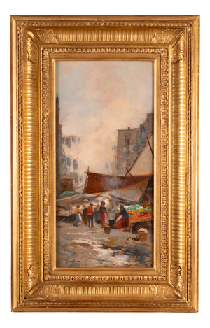 Oscar Ricciardi, Bustling Street Market Scene, Oil on Panel
