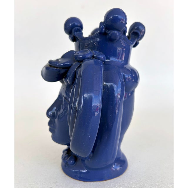 Sicilian Caltagirone Blue Glazed Ceramic Pottery Figurative Vase, Signed For Sale - Image 9 of 11