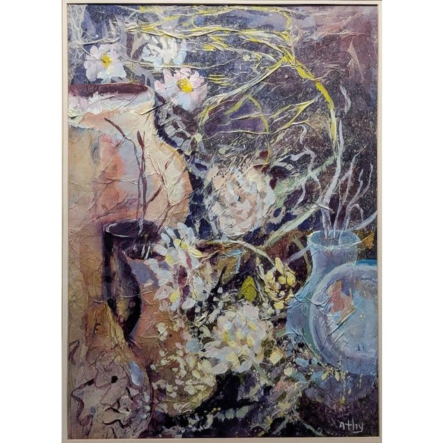 Contemporary Late 20th Century Original Athy Mixed Media Decoupage Still Life Floral Painting For Sale - Image 3 of 15
