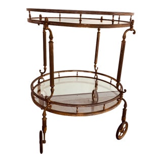 Vintage Brass and Glass Bar Cart on Casters For Sale