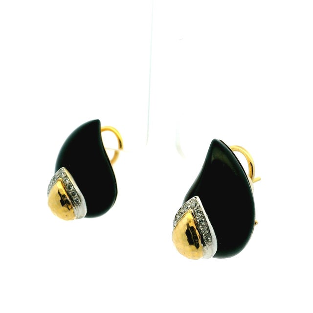 Vintage Maz 14k Gold Onyx and Diamond Clip Earrings, A Pair For Sale - Image 9 of 16