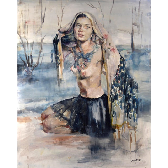 Brumes Veil by Jaclyn Alderete | Oil Painting of a woman with a scarf in a serene landscape For Sale