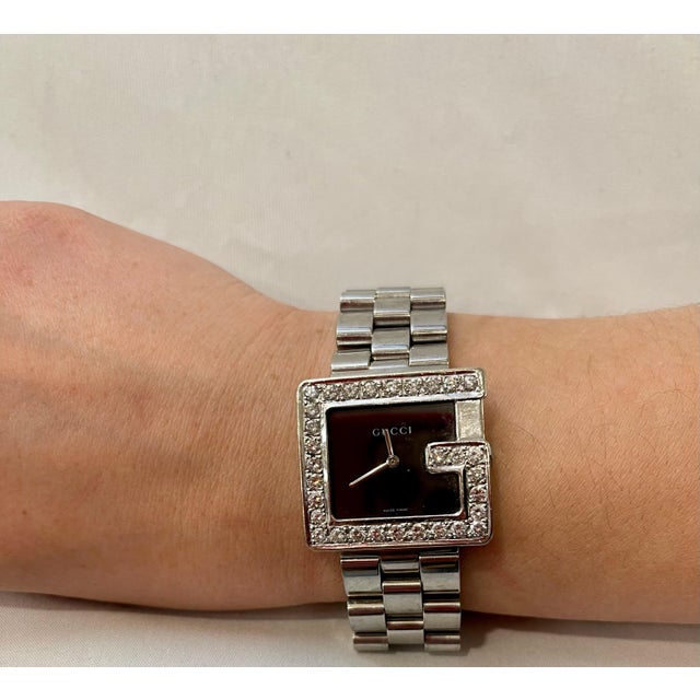 Gucci 100M Steel Rectangular Custom Diamond G-Bezel Black Dial Unisex Watch For Sale - Image 11 of 18