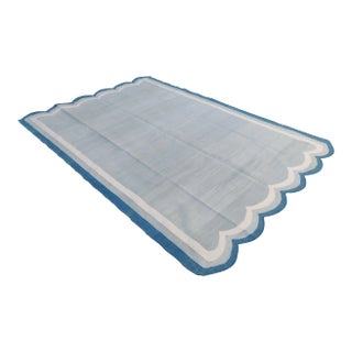 Handmade Cotton Scalloped Rug, Grey with Cream and Blue Border 6'x9' For Sale