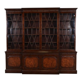 Baker Furniture Georgian Monumental Carved Flame Mahogany Breakfront Bookcase Cabinet, Circa 1960s For Sale