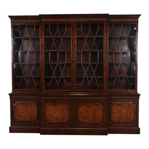 Baker Furniture Georgian Monumental Carved Flame Mahogany Breakfront Bookcase Cabinet, Circa 1960s