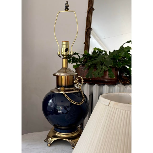 1950s Brass and Indigo Blue Porcelain Lamp With Shade For Sale - Image 6 of 10
