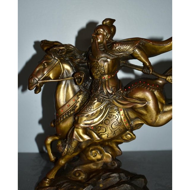 Vintage Solid Bronze Chinese Warrior Figure on Horse W/Jewels For Sale - Image 11 of 12