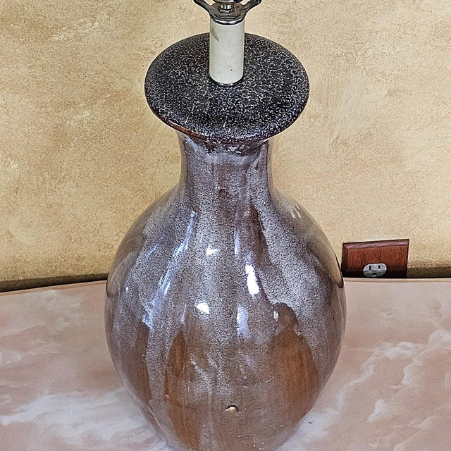 Vintage Ceramic Drip Glaze Table Lamp in Brown Studio Pottery Style With Tapered Shade For Sale - Image 16 of 18