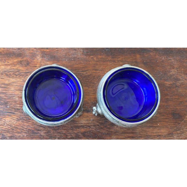 Late 20th Century Antique Sterling Silver Figural Bird Salt and Pepper Shakers With Cobalt Glass Salt Cellers - Phillp H. Stevens - 4pcs For Sale - Image 5 of 14
