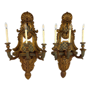 Vintage Hand Carved Wood & Gilt Wall Sconces