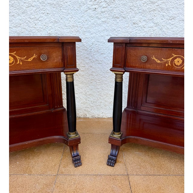 Black French Empire Wood Nightstands with Marquetry and Black Columns, 1935, Set of 2 For Sale - Image 8 of 15