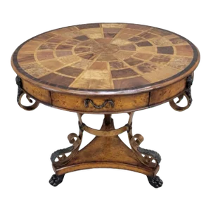 Theodore Alexander Caryatid Iron & Walnut Burl Drum Paw Foot Table