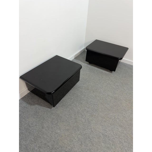 Vintage Low Italian Wooden Bedside Tables with Glossy Lacquered Finish, 1970s, Set of 2 For Sale - Image 10 of 14