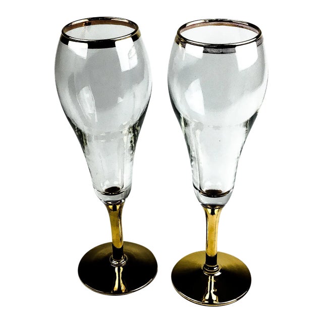 Vintage Gold Stem Rimmed Champagne Glasses For Sale