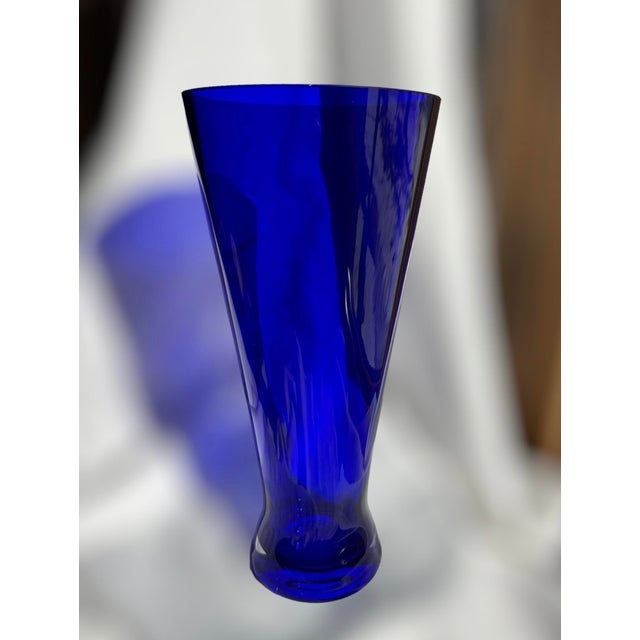 Tall Cobalt Blue Mouth Blown Art Glass Hand Crafted Vase Approximately 12" Tall x 5” at opening Made in Poland Striking...
