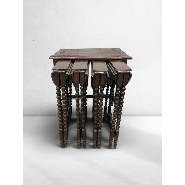 Early 20th Century Antique Jacobean Revival Bobbin Nesting Table Suite With Four Folding Side Tables For Sale - Image 5 of 11