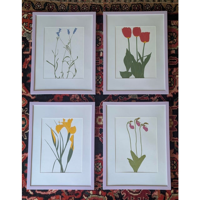 4 Botanical Linocut Prints Framed in Lilac Purple Frames These Linocut Prints came from a Henry Evans Calendar, so they...