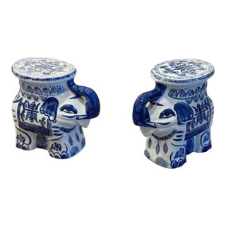 Pair of Chinese Export Blue & White Ceramic Elephant Plant Stands / Garden Stools For Sale