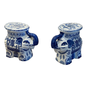 Pair of Chinese Export Blue & White Ceramic Elephant Plant Stands / Garden Stools