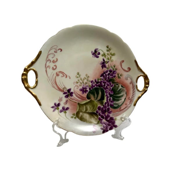 French Antique Limoges Hand Painted Cake Plate Floral Double Handled Porcelain For Sale - Image 10 of 10