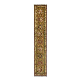 Extra-Long Olive Gold Kazak Wool Runner Rug With Geometric Medallions, 2'7" X 14'9" For Sale