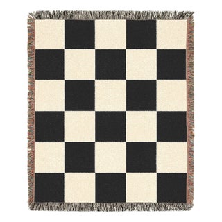 Black and Cream Checkerboard Woven Throw Blanket – 60 × 50 For Sale