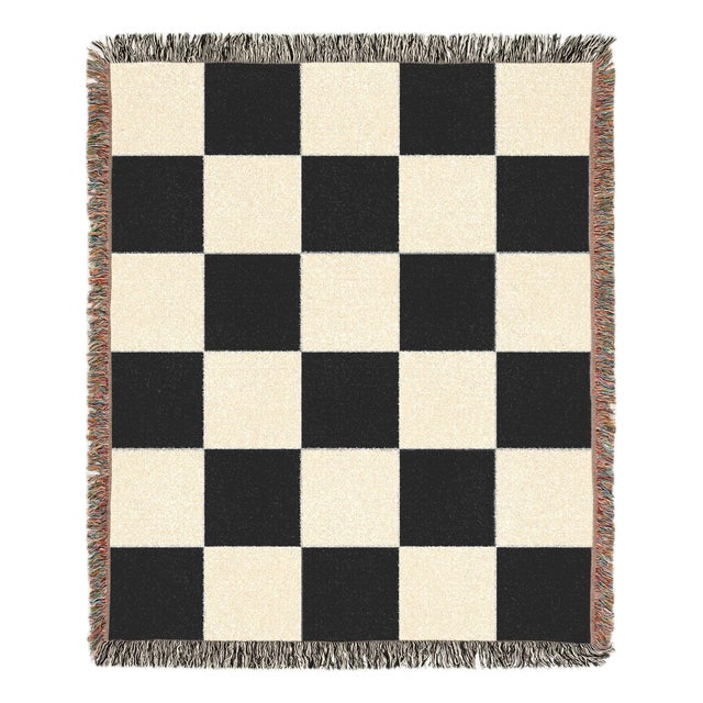 Black and Cream Checkerboard Woven Throw Blanket – 60 × 50 For Sale