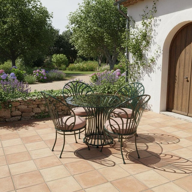 Metal Elegant Vintage-Style Five-Piece Powder-Coated Green Wrought Iron Dining Set For Sale - Image 7 of 7