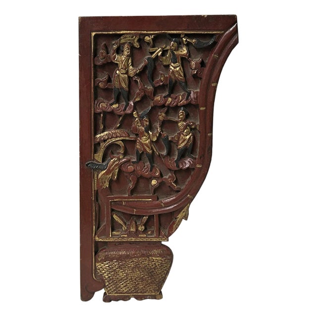 Vintage Corbel Corner Wood Red Gold Carving Wall Hanging Art Plaque For Sale