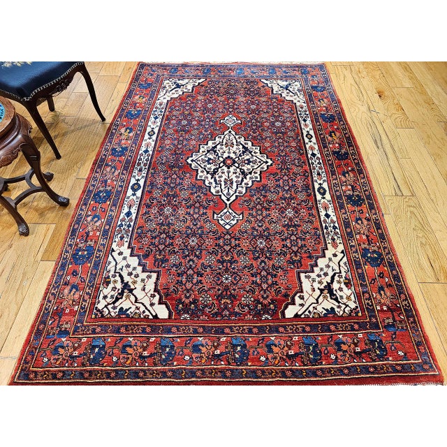 Textile Vintage Persian Bidjar Rug, Hand-Knotted Wool, Herati Geometric Pattern, Red & Ivory, 5x8 For Sale - Image 7 of 16