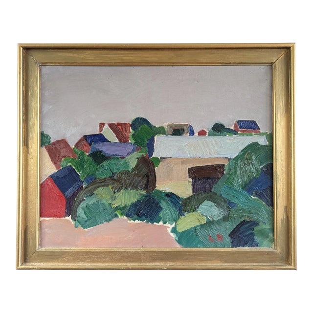 Mid-Century Modern 'Hillside Houses' Vintage Swedish Semi-Abstract Landscape Oil Painting, Framed For Sale