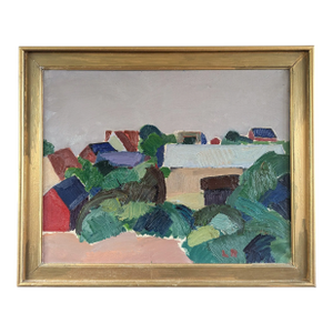 Mid-Century Modern 'Hillside Houses' Vintage Swedish Semi-Abstract Landscape Oil Painting, Framed