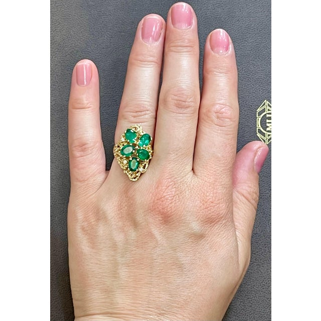 4 Ct Natural Emerald, Five Oval Stone and Diamond Ring 14 Karat Yellow Gold For Sale - Image 10 of 18