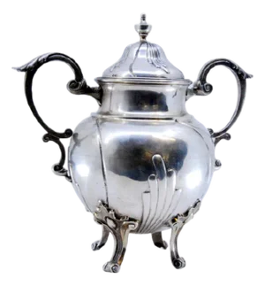 Silver Sugar Bowl with Segments, Scrolls, Raised Application Handles and Feet