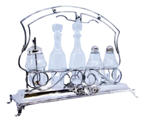Silver Cruet with Salt and Pepper Shakers, Mustard Jar and Glass Cruets, Set of 6