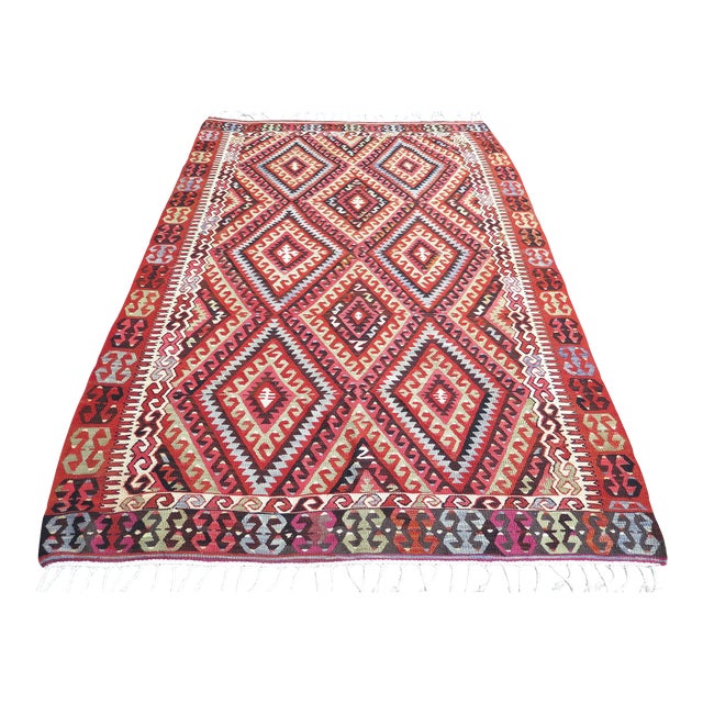 Mid 20th Century Classical Turkish Handwoven Geometric Design Boho Area Kilim Rugs For Sale