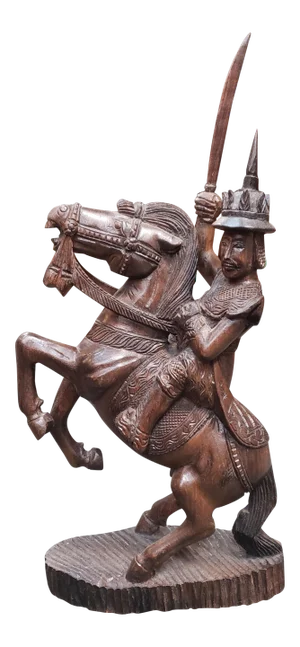 Early 20th Century Burmese Nat Warrior on Horseback Wood Carving