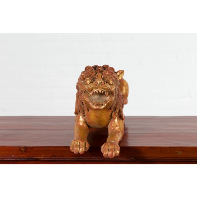 Vintage Thai Gilded and Carved Wooden Mythical Creature with Red Undertone For Sale - Image 11 of 12