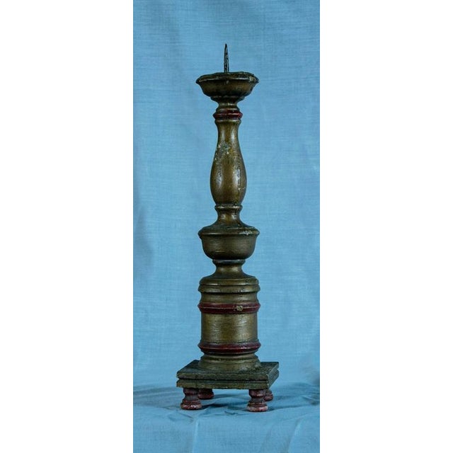 Gold Antique Turned Wood Pricket Candleholder with Polychrome Finish For Sale - Image 8 of 9