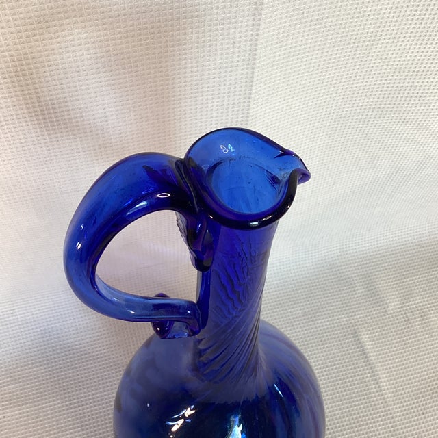 Vintage Handblown Cobalt Glass Pitcher With Handle in Swirl Design For Sale - Image 9 of 9