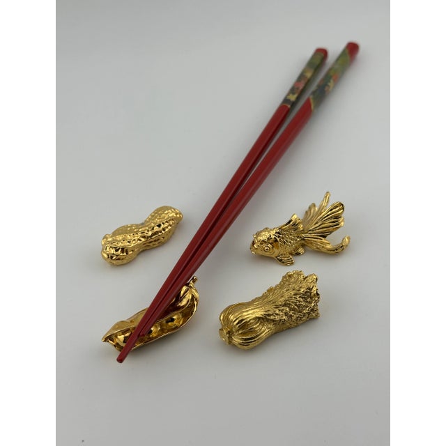 Gold 1990s Set of 4 Royal Selangor Chopstick Rests – Figural Fish, Peanut, Wheat & Peapod For Sale - Image 8 of 9