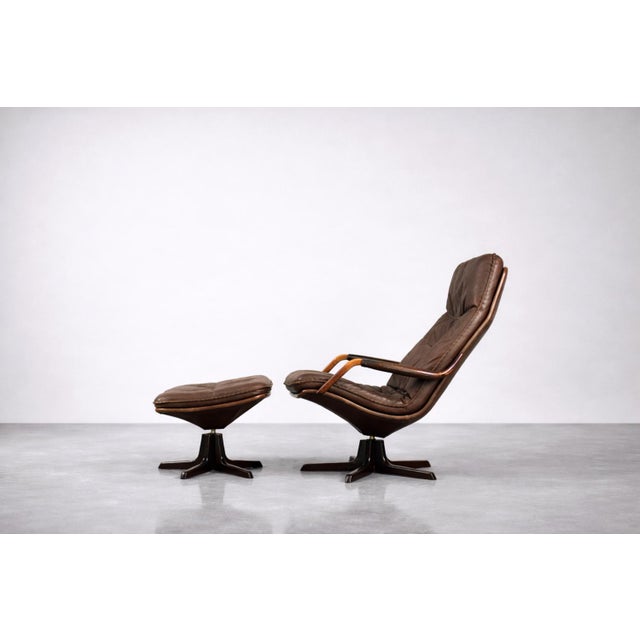 Set of Mid-Century Danish Modern Brown Leather Adjustable Easy Chair and Ottoman from Berg Furniture, 1970s For Sale - Image 18 of 18