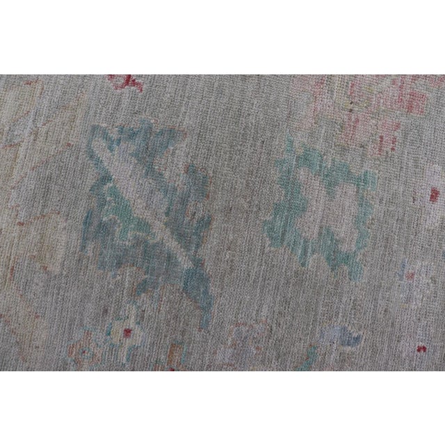 Modern Oushak Floral Motif Design in Light Green Background and Colorful Design For Sale - Image 9 of 12