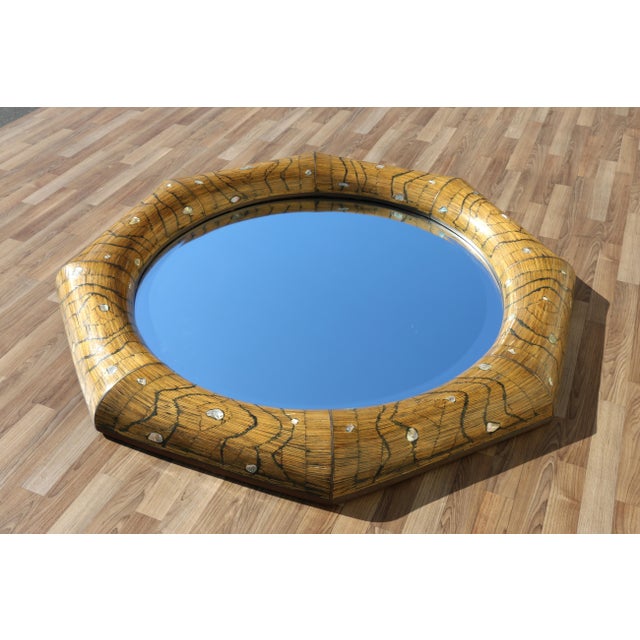 Vintage 1970s Hollywood Regency Octagonal Bamboo & Mother-of-Pearl Wall Mirror For Sale - Image 4 of 18