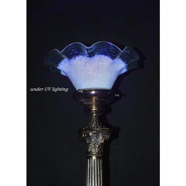 Metal British Brass Corinthian Column Table Lamp with Vaseline Glass Shade, 1940s For Sale - Image 7 of 14